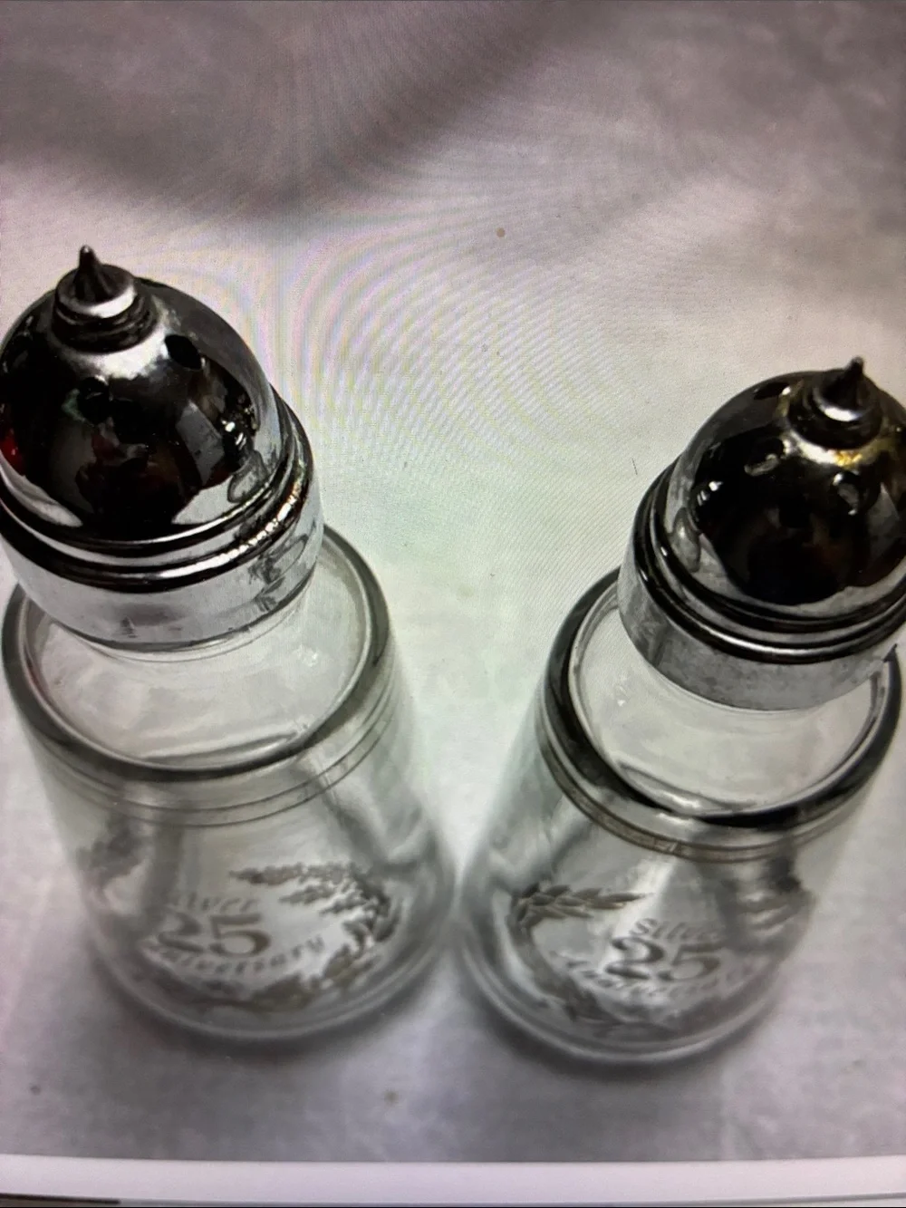 Silver 25th Anniversary Glass Salt and Pepper Shakers Sterling Silver clear